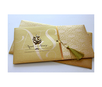 Traditional Golden colour tamil wedding card with laser cut Ganesha